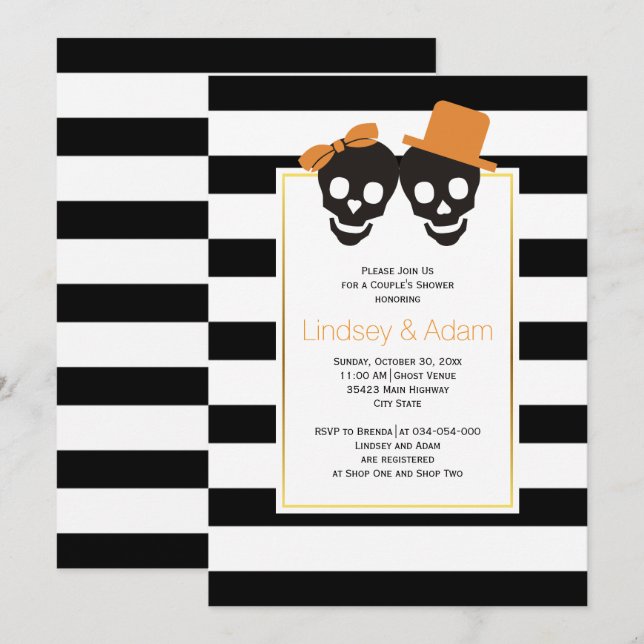 Invitación Parejas bodas de Halloween de la pareja de cráneos (Anverso / Reverso)