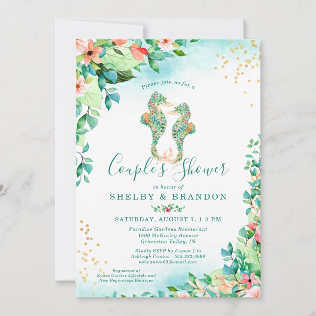 Invitación Parejas Bodas Ducha Caballos de Mar Florales Tropi (Anverso)
