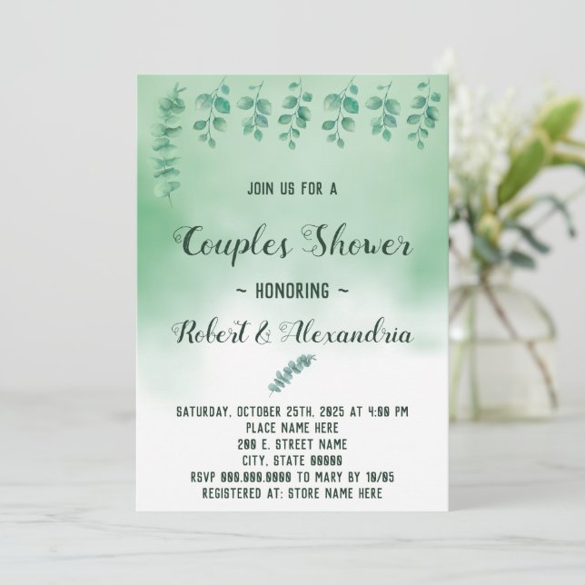 Invitación Parejas Bodas Ducha Vegetación Eucalyptus (Anverso de pie)