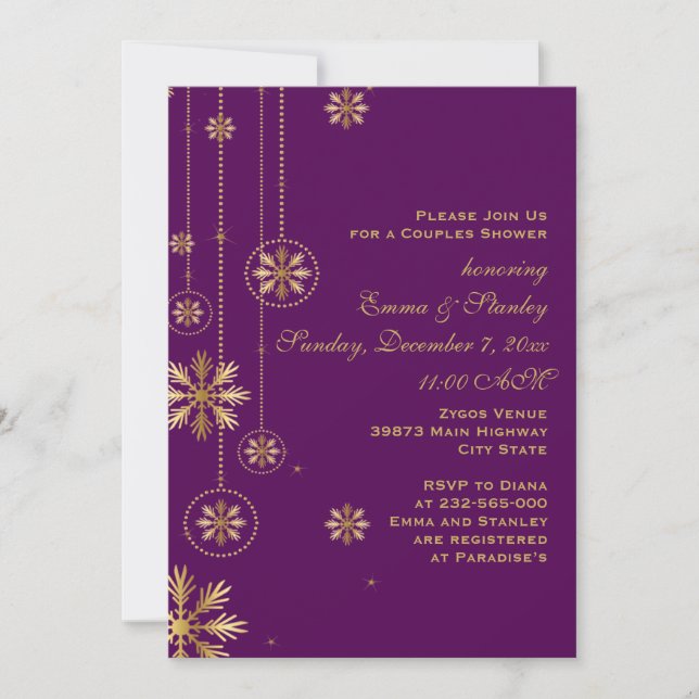 Invitación Parejas bodas moradas con copos de nieve dorados d (Anverso)
