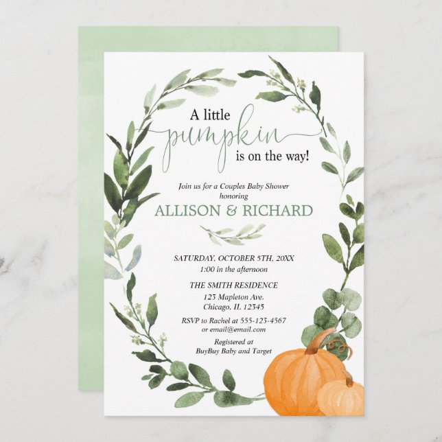 Invitación Parejas caídas ducha de bebé, calabazas neutrales  (Anverso / Reverso)