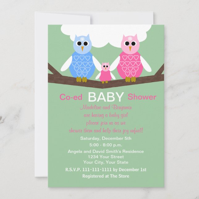 Invitación Parejas Chicas de código Baby Shower Lechuzas invi (Anverso)