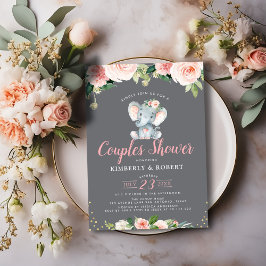 Invitación Parejas con flores rosas y adorables de elefante b
