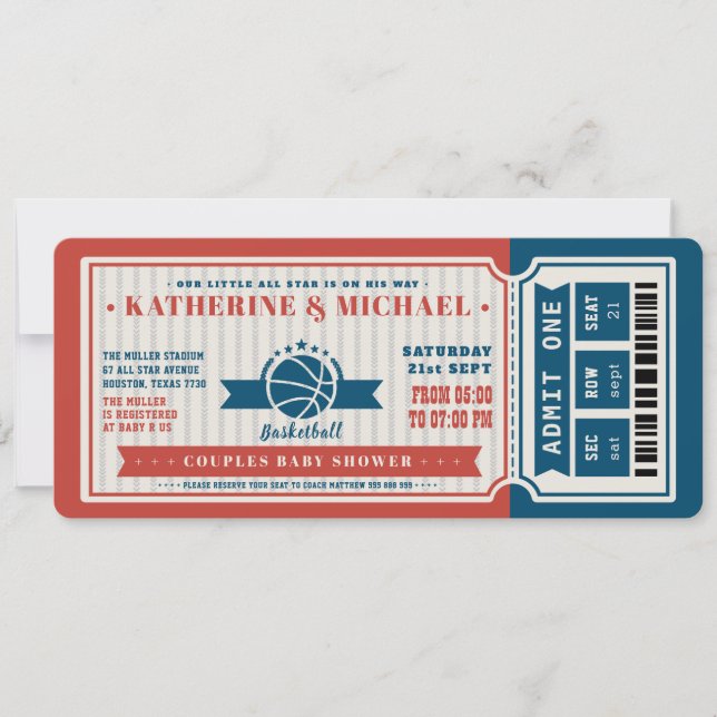 Invitación Parejas de boletos de baloncesto rojo vintage Baby (Anverso)