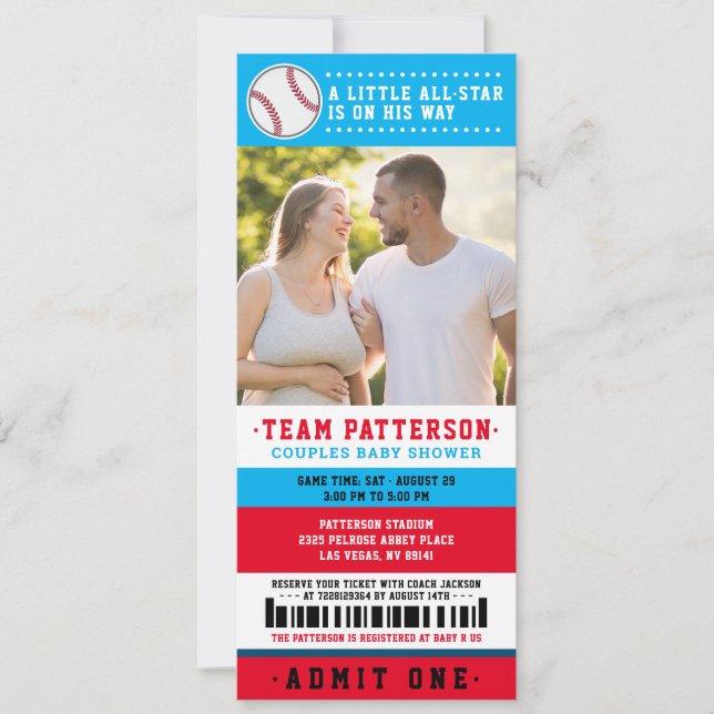 Invitación Parejas de boletos de béisbol azul rojo Baby Showe (Anverso)