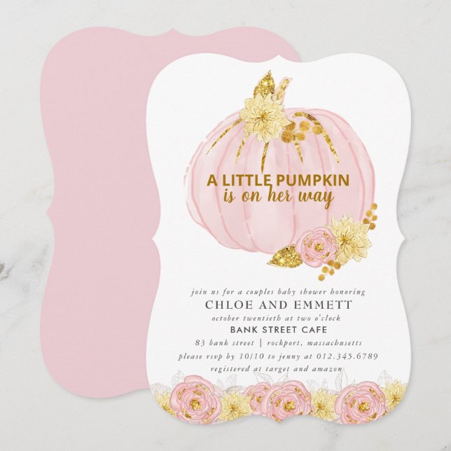 Invitación Parejas de calabaza Baby Shower, Oro rosado elegan (Anverso / Reverso)
