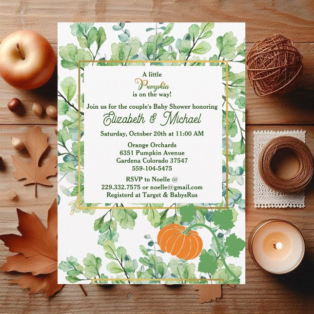 Invitación Parejas de calabaza pequeñas Foliage de otoño de B (Little Pumpkin Couples Baby Shower Autumn Foliage Invitation)