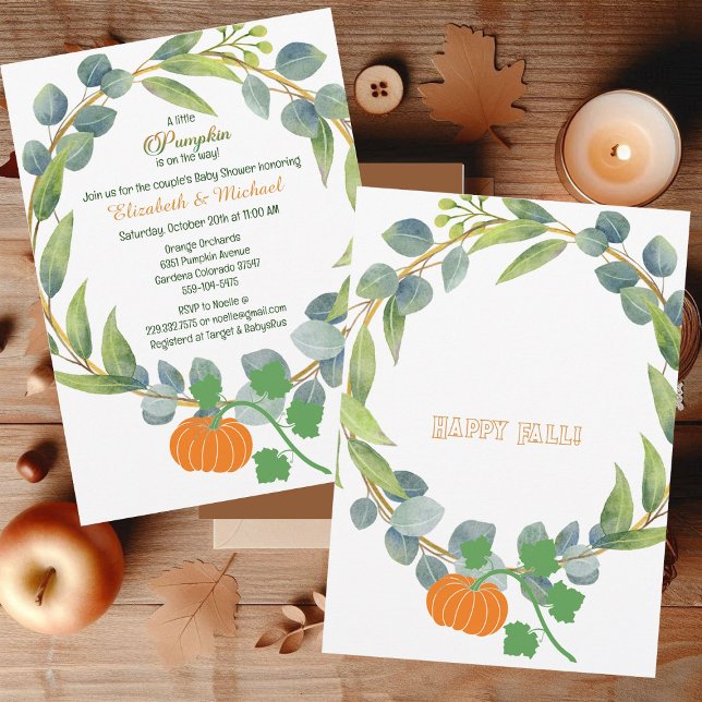 Invitación Parejas de calabaza pequeñas Wreath de Baby Shower (A Little Pumpkin Couples Baby Shower Greenery Wreath Invitation)