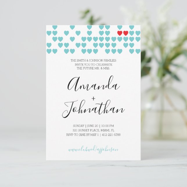Invitación parejas de corazón dulce WEDDING SHOWER retro agua (Anverso de pie)
