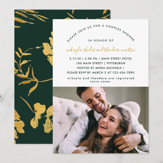 Invitación Parejas de escritura verde moderna ducha Faux Gold (Anverso / Reverso)