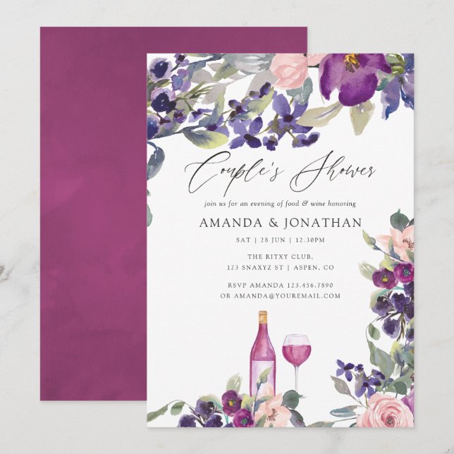 Invitación Parejas de flores violetas y de ciruela ducha degu (Anverso / Reverso)
