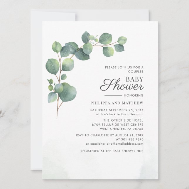 Invitación Parejas de follaje Eucalyptus Botánico Baby Shower (Anverso)