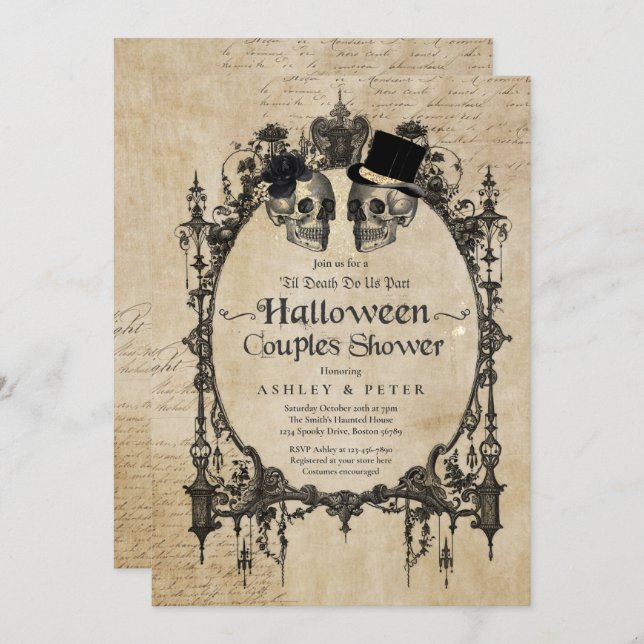 Invitación Parejas de Halloween Ducha Compromiso con cráneo g (Anverso / Reverso)