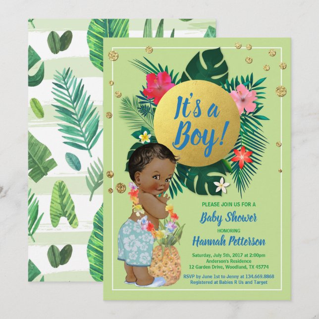 Invitación Parejas de niños tropicales duchan oro verde (Anverso / Reverso)