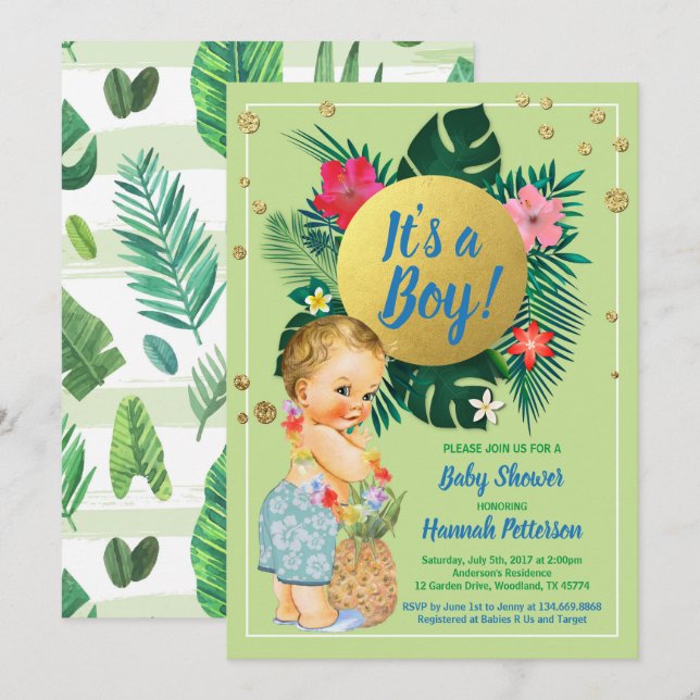 Invitación Parejas de niños tropicales duchan oro verde (Anverso / Reverso)