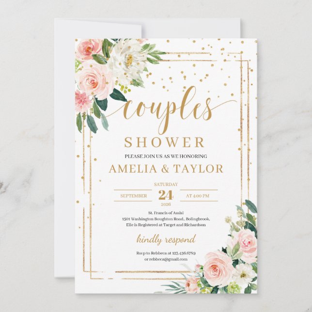 Invitación Parejas doradas con flores rosas bohemias ducha (Anverso)