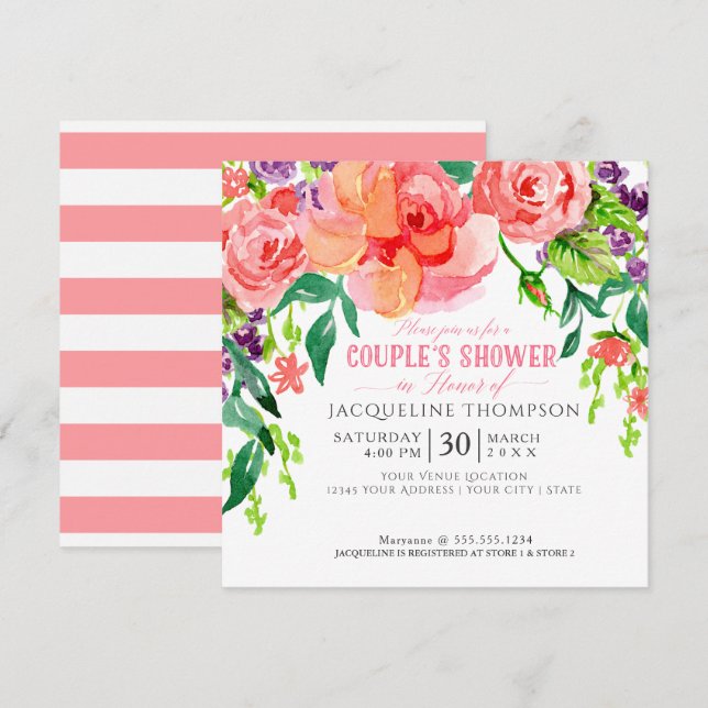 Invitación Parejas Ducha Acuarela Moderno Arte Floral Brillan (Anverso / Reverso)