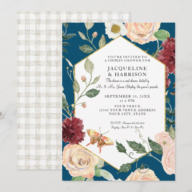 Invitación Parejas Ducha Acuarela Peacock Azul Rosa Floral (Anverso / Reverso)