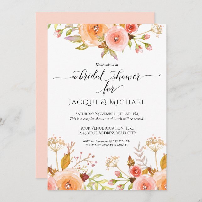 Invitación Parejas Ducha Acuarela Rosa Floral Rosa Bouquet (Anverso / Reverso)