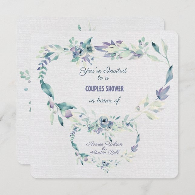 Invitación Parejas Ducha Agua Flores Azules Marco (Anverso / Reverso)