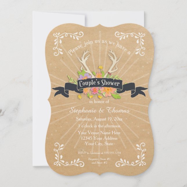Invitación Parejas Ducha Antler Wildflower Starburst Rustic (Anverso)