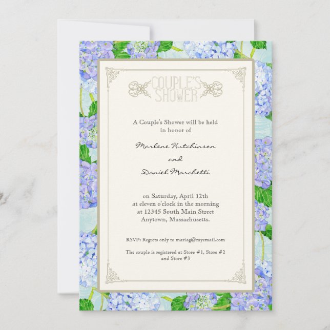 Invitación Parejas Ducha Azul Hidrangea Lace Floral Formal (Anverso)
