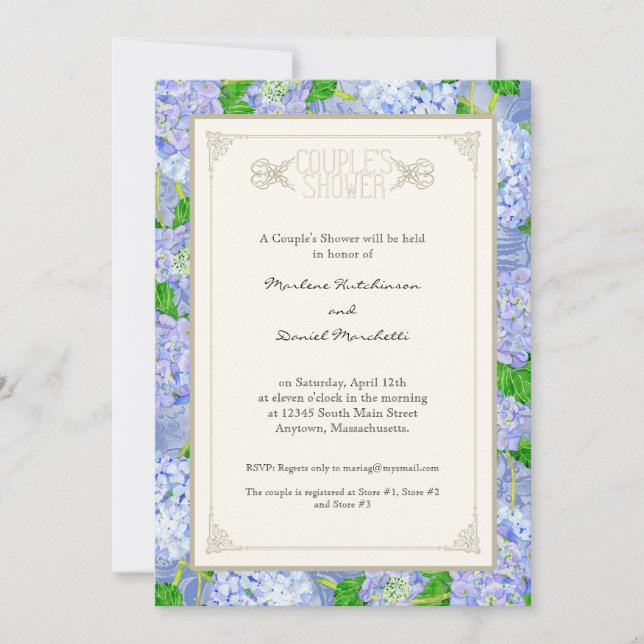 Invitación Parejas Ducha Azul Hidrangea Lace Floral Formal (Anverso)