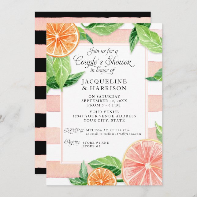 Invitación Parejas Ducha Citrus Pink Black Grapefruit Retro (Anverso / Reverso)