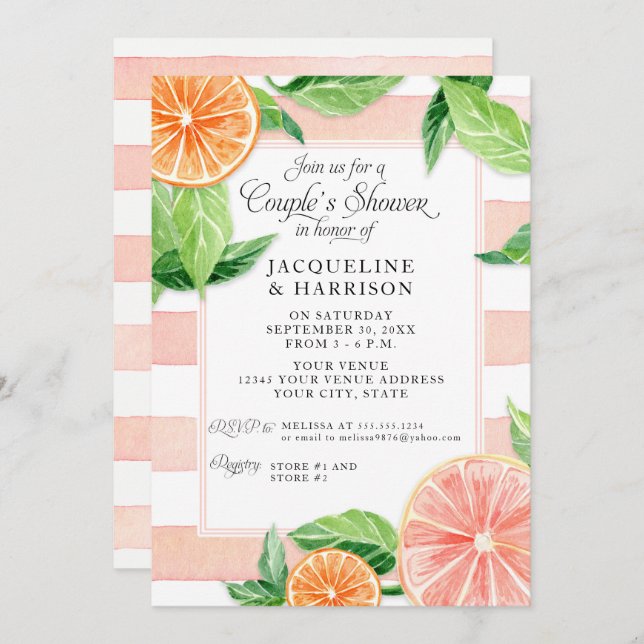 Invitación Parejas Ducha Citrus Pink Grapefruth Watercolor (Anverso / Reverso)
