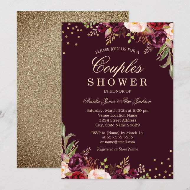 Invitación Parejas Ducha Dorado Burgundy floral Esparkle (Anverso / Reverso)