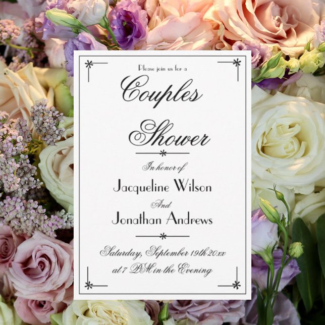 Invitación Parejas Ducha Elegante Moda Guión Personalizado Bl (Couples Shower - Elegant, chic, white, custom script, wedding shower invitation.)