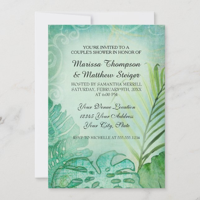 Invitación Parejas Ducha Flor Tropical Tropical Palm Leaf Swi (Anverso)