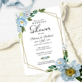 Invitación Parejas Ducha Floral Azul Dusto Geométrico