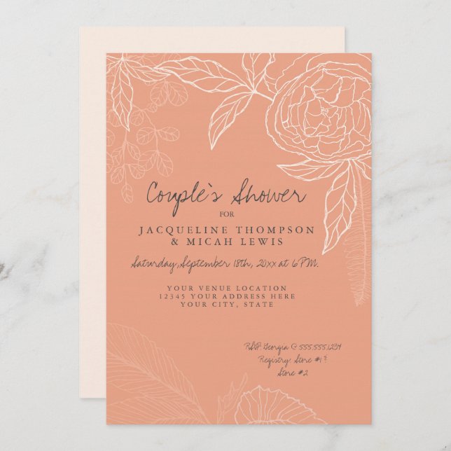 Invitación Parejas Ducha Lápiz Coral Rosado Floral Pieza de P (Anverso / Reverso)