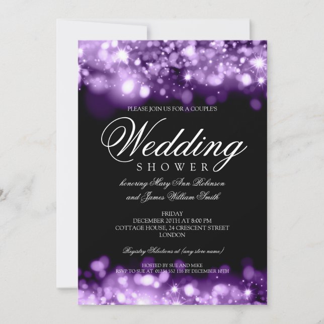 Invitación Parejas Ducha Luces esparcen morado (Anverso)