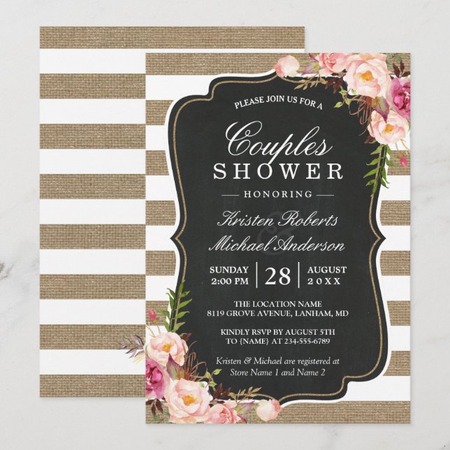 Invitación Parejas Ducha Moda Rústica Burlap Stripes Floral (Anverso / Reverso)