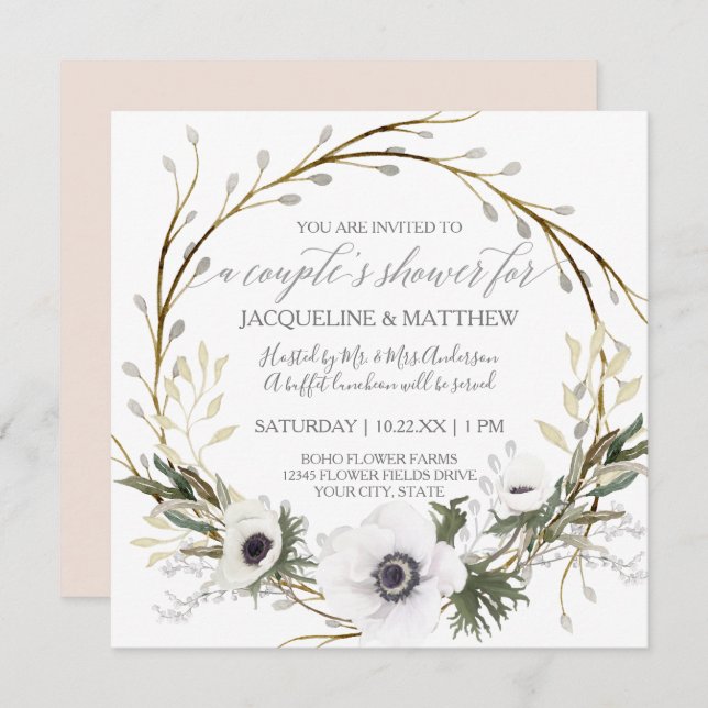 Invitación Parejas Ducha Moderna Rubor Wreath Eucalyptus rosa (Anverso / Reverso)