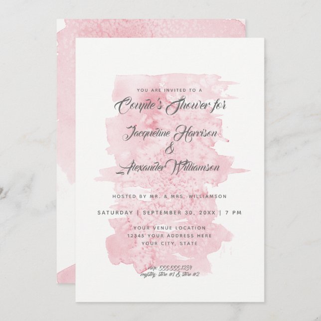 Invitación Parejas Ducha Moderna Sencilla Acuarela Lavado ros (Anverso / Reverso)