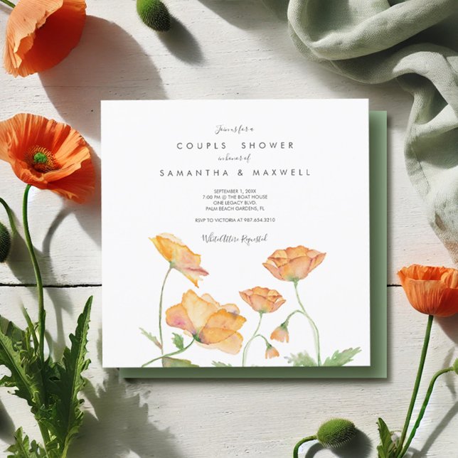 Invitación Parejas Ducha Naranja Poppies Florales de acuarela (Couples shower invitations watercolor orange poppy flowers by Victoria Grigaliunas Do Tell A Belle)