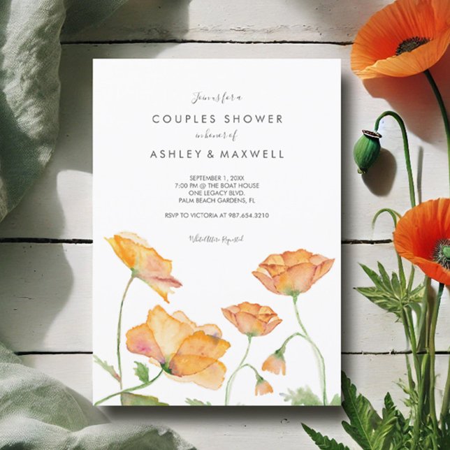 Invitación Parejas Ducha Naranja Poppies Florales de acuarela (Couples shower invitations watercolor orange poppy flowers by Victoria Grigaliunas Do Tell A Belle)