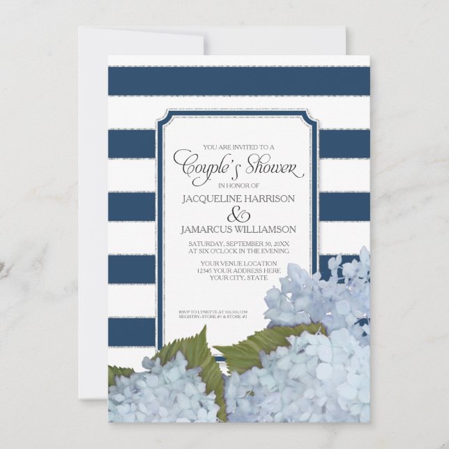 Invitación Parejas Ducha Naval Azul Hidrangea Script Art Deco (Anverso)