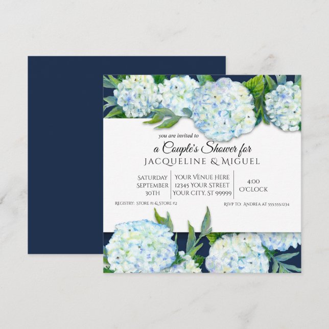Invitación Parejas Ducha Naval Azul n Hidrangea Blanca Floral (Anverso / Reverso)