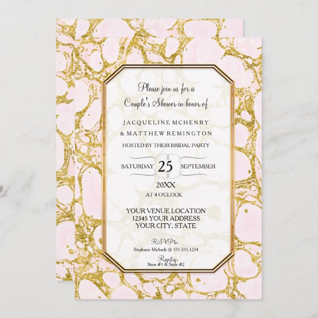 Invitación Parejas Ducha Papel de Mármol Marcado Rosa Oro Ros (Anverso / Reverso)