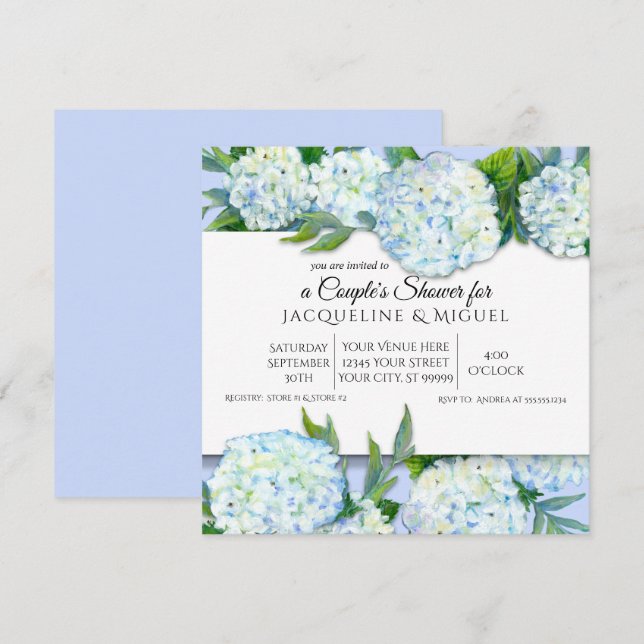 Invitación Parejas Ducha Periwinkle n Hidrangea blanca Floral (Anverso / Reverso)