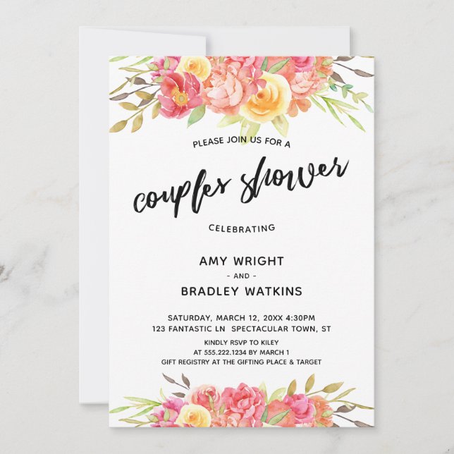 Invitación Parejas Ducha Recepción de Bodas Florales Pintadas (Anverso)