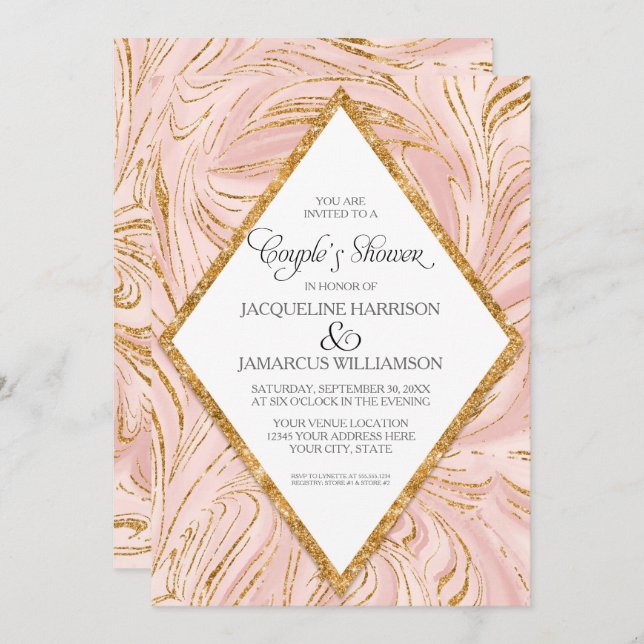Invitación Parejas Ducha Rosa Faux Purpurina Marble Rubor (Anverso / Reverso)