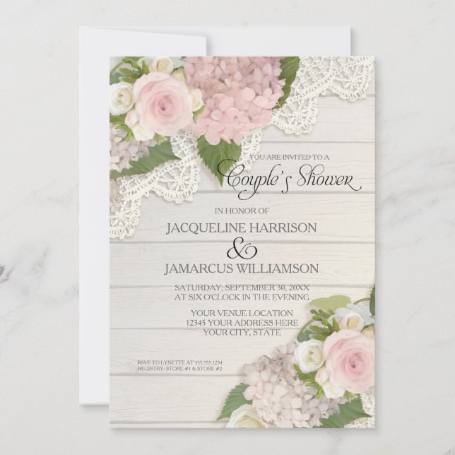 Invitación Parejas Ducha Script Typografía Hidrangeas rosas (Anverso)