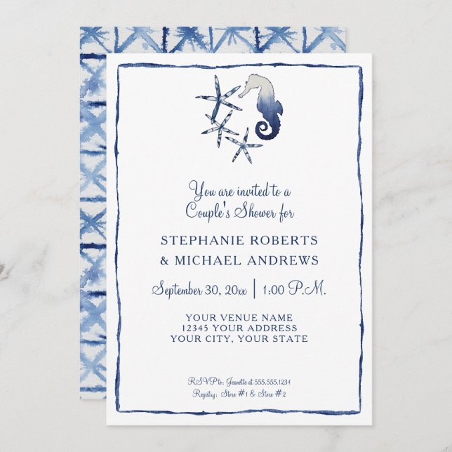 Invitación Parejas Ducha Shibori Seahori Starfish Beach Art (Anverso / Reverso)