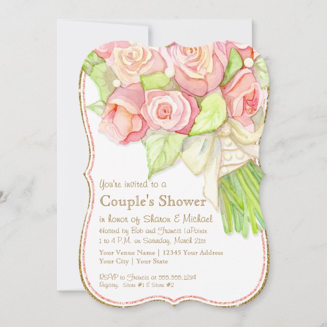 Invitación Parejas Ducha Watercolor Rose Bouquet Pearls (Anverso)