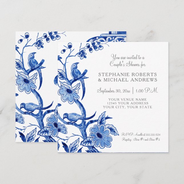 Invitación Parejas duchan azul asiático China acuarela floral (Anverso / Reverso)